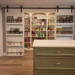 Kitchen pantry with sliding barn door and pull-out shelving