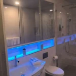 Bathroom with blue LED accent lighting in shower niche