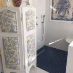 Bathroom with decorative screen divider and blue tile shower