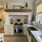 Farmhouse style kitchen with wood mantel range hood and apron sink