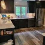 Kitchen with wood-look flooring and open shelving